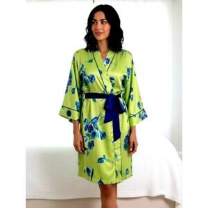 Vintage Natori Kimono Robe | 80s/90s Satin Floral | Lime & Royal Blue Size L GVC